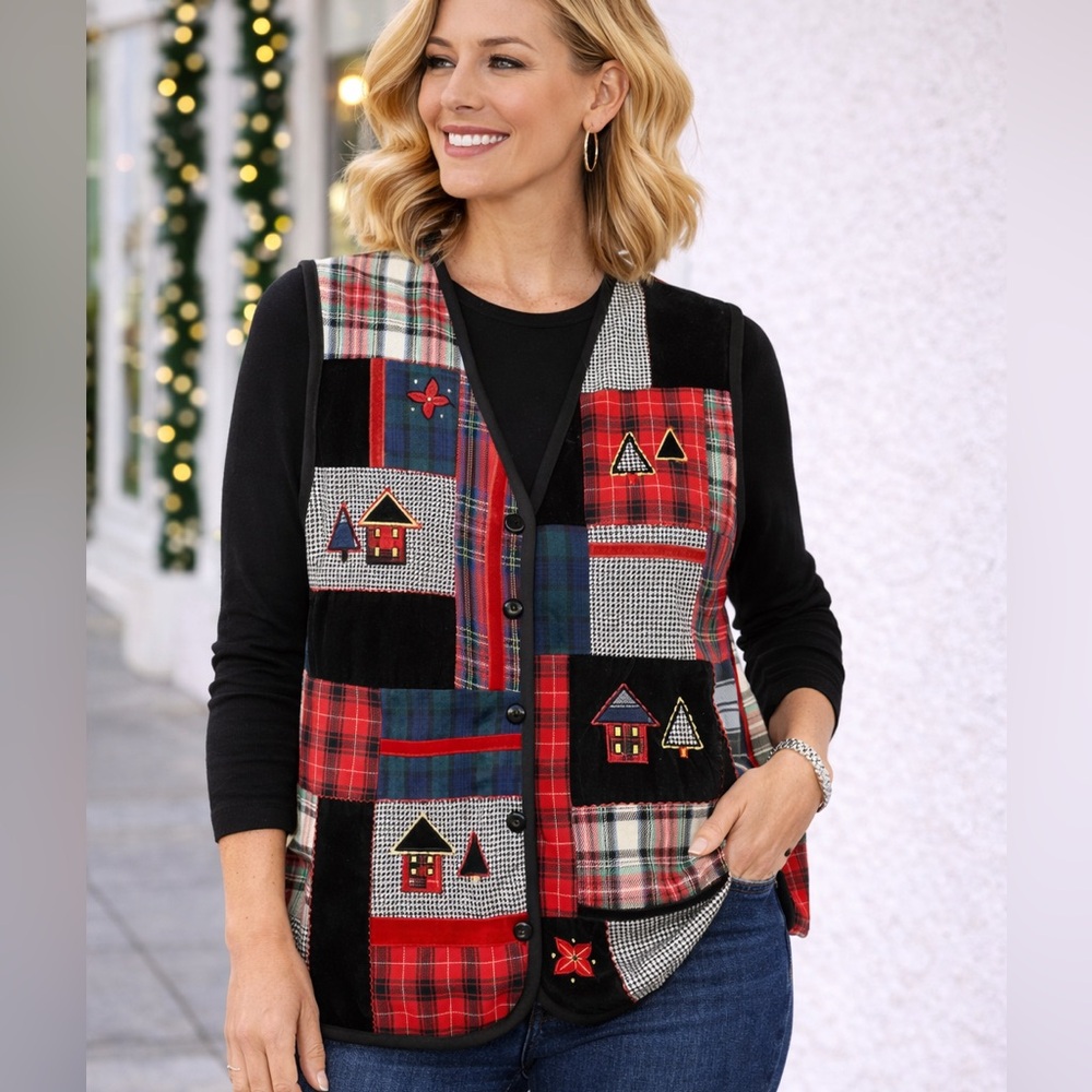 Vintage Koet Patchwork Christmas Vest Plaid Holiday Button Front Women’s